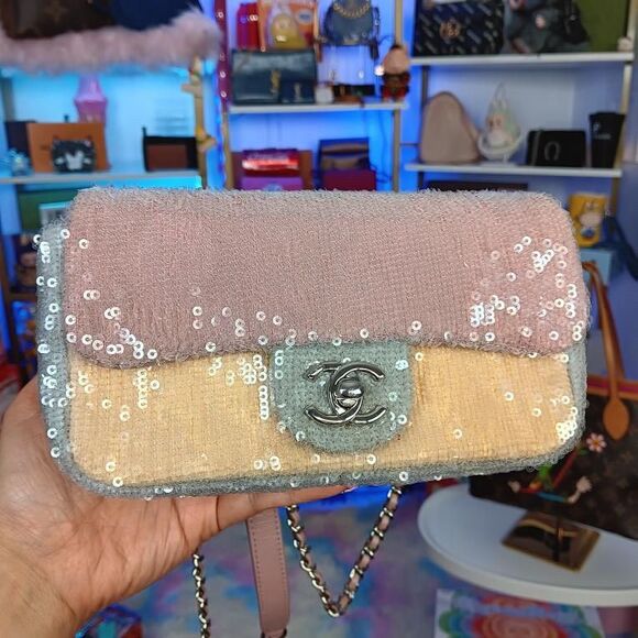 Chanel Waterfall Pastel Pink Multi Color Squin Flap Shoulder Crossbody Bag Full - Picture 2 of 16
